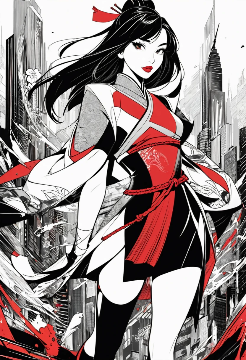 Fa Mulan ((Disney Princess,Mulan)), with short dress, vibrant red lips, black and white illustration in Sin City style, full body shot, red color stands out, HD image, perfect facial features, black and white art