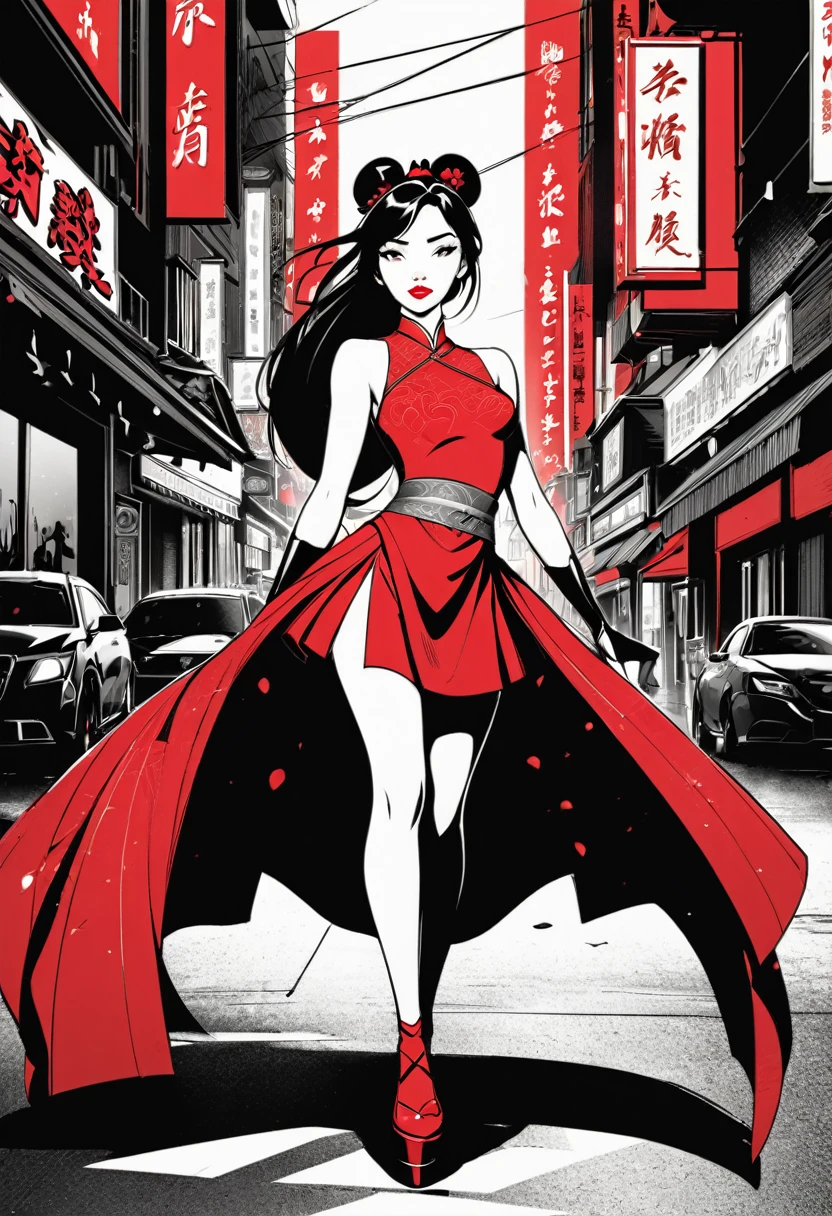 Fa Mulan ((Disney Princess,Mulan)), with short dress, vibrant red lips, black and white illustration in Sin City style, full body shot, red color stands out, HD image, perfect facial features, black and white art
