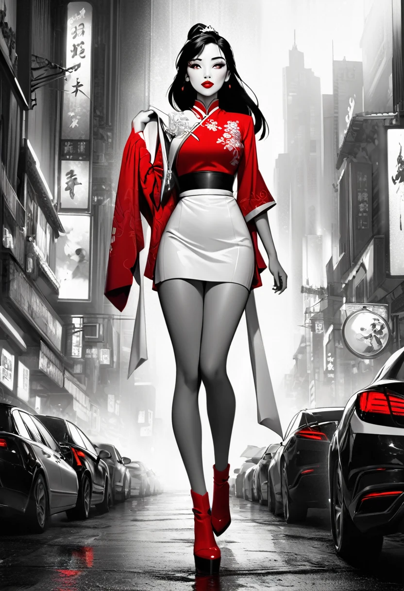 Fa Mulan ((Disney Princess,Mulan)), with short dress, vibrant red lips, black and white illustration in Sin City style, full body shot, red color stands out, HD image, perfect facial features, black and white art