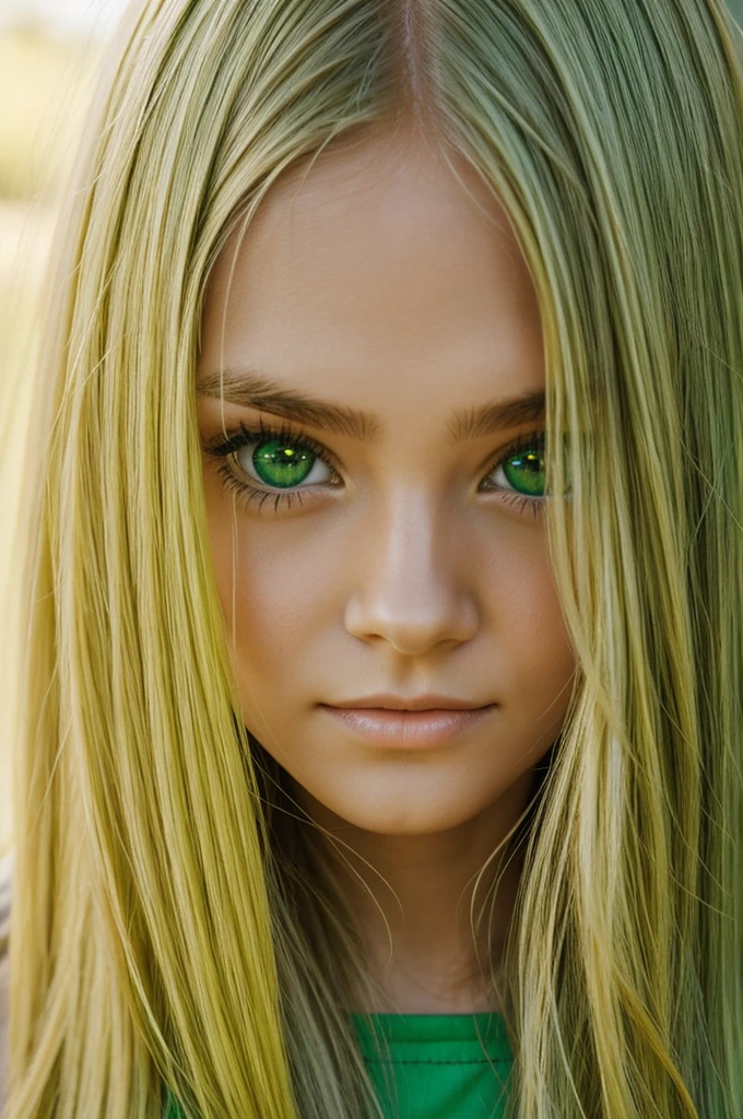 Girl, long yellow hair, green skin, green eye