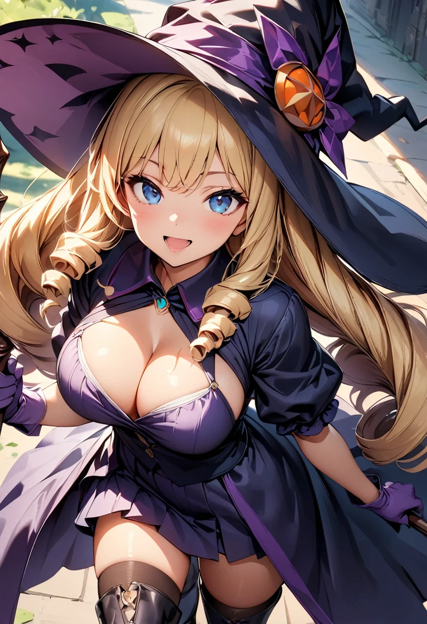 (masterpiece),(best quality),(ultra-detailed),(best illustration),(best shadow),(absurdres),(detailed background),(very aesthetic),1girl, solo, hat, blonde-hair, drill-hair, gloves, breasts, blue-eyes, witch-hat, thigh-boots, thighhighs, boots, elbow-gloves, open-mouth, staff, purple-headwear, smile, dress, full-body, simple-background, cleavage, large-breasts, looking-at-viewer, purple-dress, very-long-hair, purple-gloves, holding, purple-footwear, wand standing-on-one-leg, twin-drills, holding-staff, witch, black-footwear, puffy-sleeves
