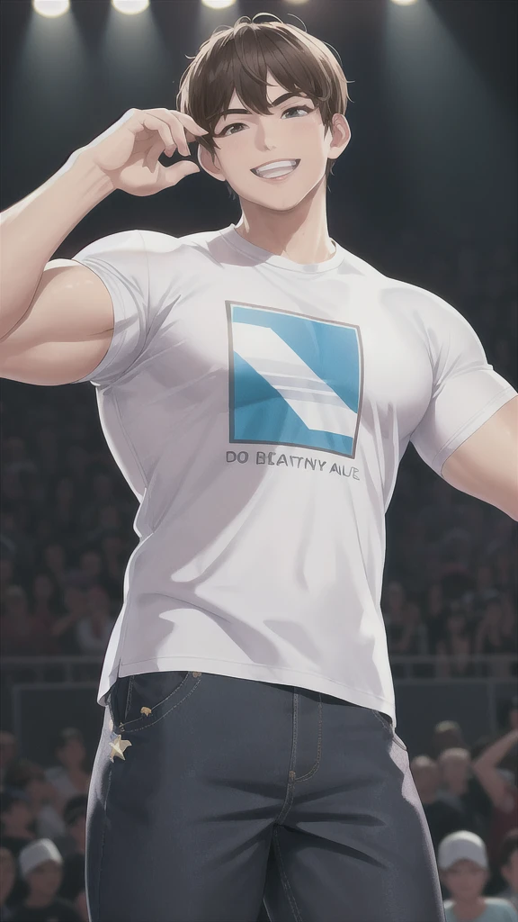 Staring at the audience、T-Shirts、pants、Are standing、short hair、Brown Hair、Highest quality、masterpiece、Ultra-high resolution、Muscular man、Mature Men、The chunky body of a rose、Thick arms、Thick thighagician、smile、laughing、Large build、Big、Kind Face、