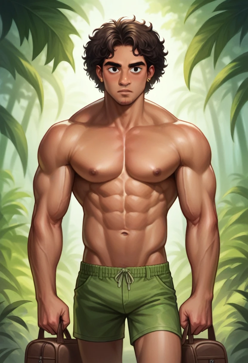 A young man, latino, cinnmon skin, thin face, straight nose, thin lips, square chin, large black eyes, short black, wavy hair, in roberto ferri style, aesthetic slim athletic body, very tall, latino, realistic skin, gorgeous, realistic detailed tonned muscles, barefoot, perfect anatomy, muscled fitness body, 195cm tall, realistic skin, skinny realistic detailed muscles, he is walking t , carring a multicolor back bag, in a mixed scenario of jungle and forest

MASTERPIECE by Aaron Horkey and Jeremy Mann, ((INTENSE DARK colors palette)) , simetryc composition, ultradetailed art style, oil painting, fullbody, perfect compositicion, perfect anatomy, wearing small litle shorts, dramatic, natural lighting, A young man, latino, cinnmon skin, thin face, straight nose, thin lips, square chin, large black eyes, short black, wavy hair, in roberto ferri style, aesthetic slim athletic body, very tall, latino, realistic skin, gorgeous, realistic detailed tonned muscles, barefoot, perfect anatomy, muscled fitness body, 195cm tall, realistic skin, skinny realistic detailed muscles, he is riding a black horse and holding a sort , carring a multicolor back bag, in a mixed scenario of jungle and forest
