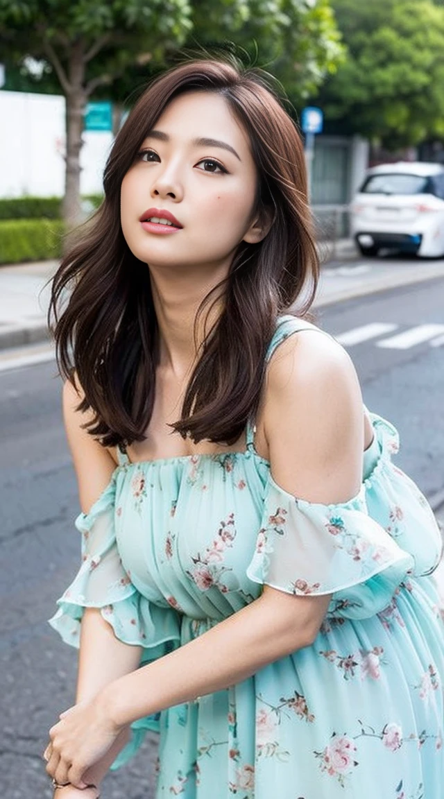 Dark brown hair、Light brown eyes、Japanese actress、 Lady、I am about 40 years old...、(Intricate details:1.2)、(Which is higher???:1.4)、 (Ultra-high resolution:1.2)、Ultra-high resolution、(Fine-tune)、(Detailed facial features)、Hmph、8k resolution、D cup size breasts、Long Hair、1 girl, A look of deep sadness, (Very detailed美しい顔), (loose fitting dress :1.5),(Exposing shoulders:1.3), (Highest quality:1.4), (Very detailed)、Beautiful white skin, Angle from below、 Open your mouth a little、I can see your feet、Pose of Weakness、Obscene pose、Street fashion、Very sandals、Cut-out Design、Are standing、Los Angelesの街路、Ocean、Coconut Tree、Turn your ass towards me、Hair blowing in the wind、Los Angeles、