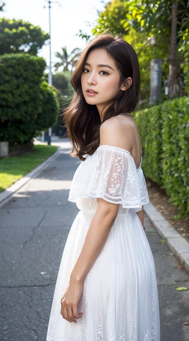 Dark brown hair、Light brown eyes、Japanese actress、 Lady、I am about 40 years old...、(Intricate details:1.2)、(Which is higher???:1.4)、 (Ultra-high resolution:1.2)、Ultra-high resolution、(Fine-tune)、(Detailed facial features)、Hmph、8k resolution、D cup size breasts、Long Hair、1 girl, A look of deep sadness, (Very detailed美しい顔), (loose fitting dress :1.5),(Exposing shoulders:1.3), (Highest quality:1.4), (Very detailed)、Beautiful white skin, Angle from below、 Open your mouth a little、I can see your feet、Pose of Weakness、Obscene pose、Street fashion、Very sandals、Cut-out Design、Are standing、Los Angelesの街路、Ocean、Coconut Tree、Turn your ass towards me、Hair blowing in the wind、Los Angeles、