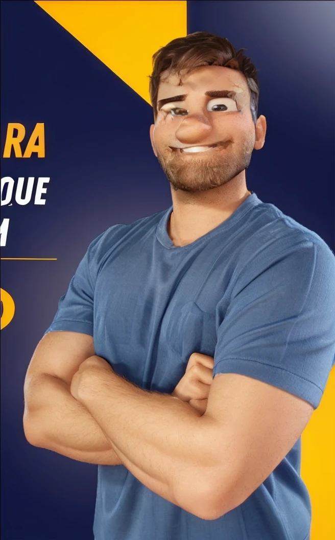 a 3D Disney pixar style man, smiling and happy, with dark brown hair, light beard, brown eyes, wearing a blue shirt, strong crossed arms, looking at the camera