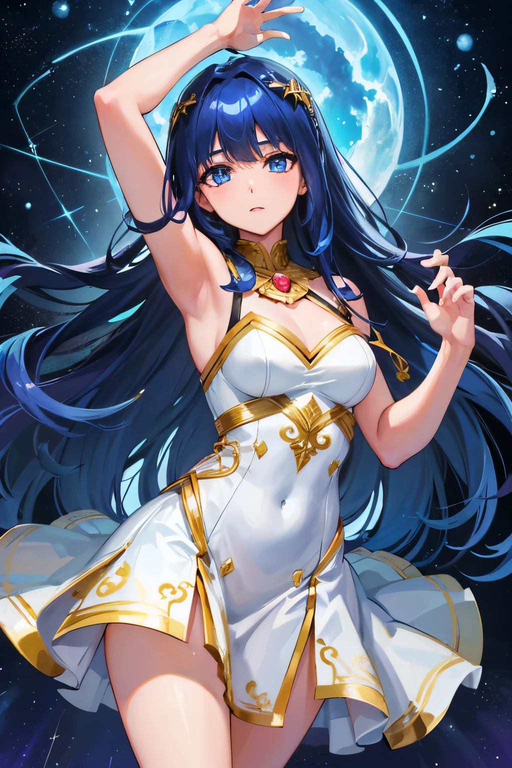 ( high quality , Super detailed, Watch your hands )Zodiac sign - Goddess of Sagittarius , Similar to the goodness of Latin . Optimistic, fair, Funny and intelligent face . recklessness, Ruthless, impatient, Overconfident style . Dark blue eyes (Eye details) , Sparkling deep blue hair , Transparent dress , In the sea of shining stars , whole body , Fire makeup look , God Chiron