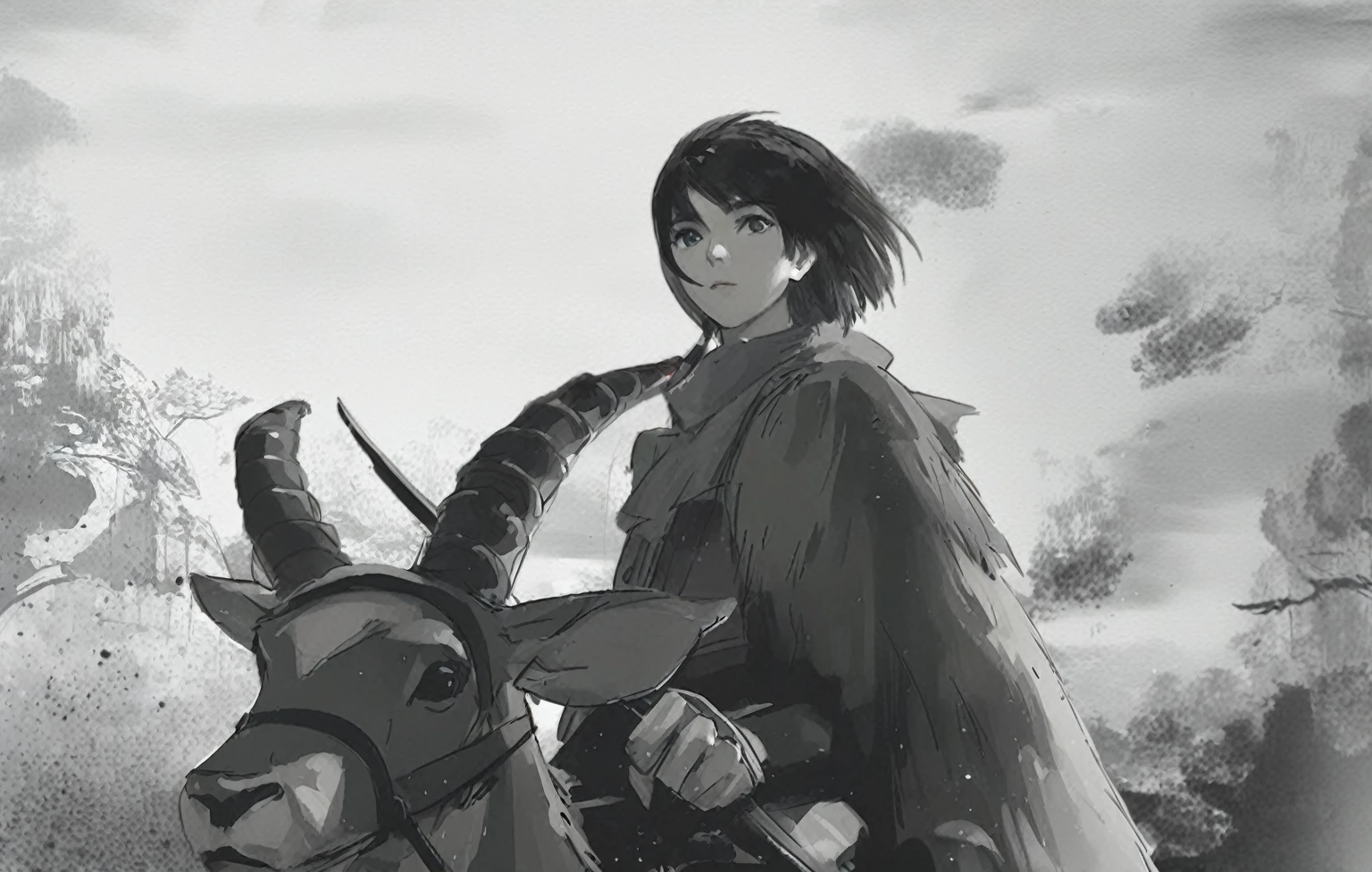 Riding a horse，Anime girl holding sword in hand,Chinese Ink Painting,(abstract ink splash:1.2),By Kama Guka, Studio Ghibli. Artistic Germ, Clean and detailed anime art, Clean and detailed anime style, Semi-realistic anime style, ghibli and ilya kuvshinov, Anime Sketch, author：Mangoro, realistic anime artstyle, makoto shinkai and Artistic Germ