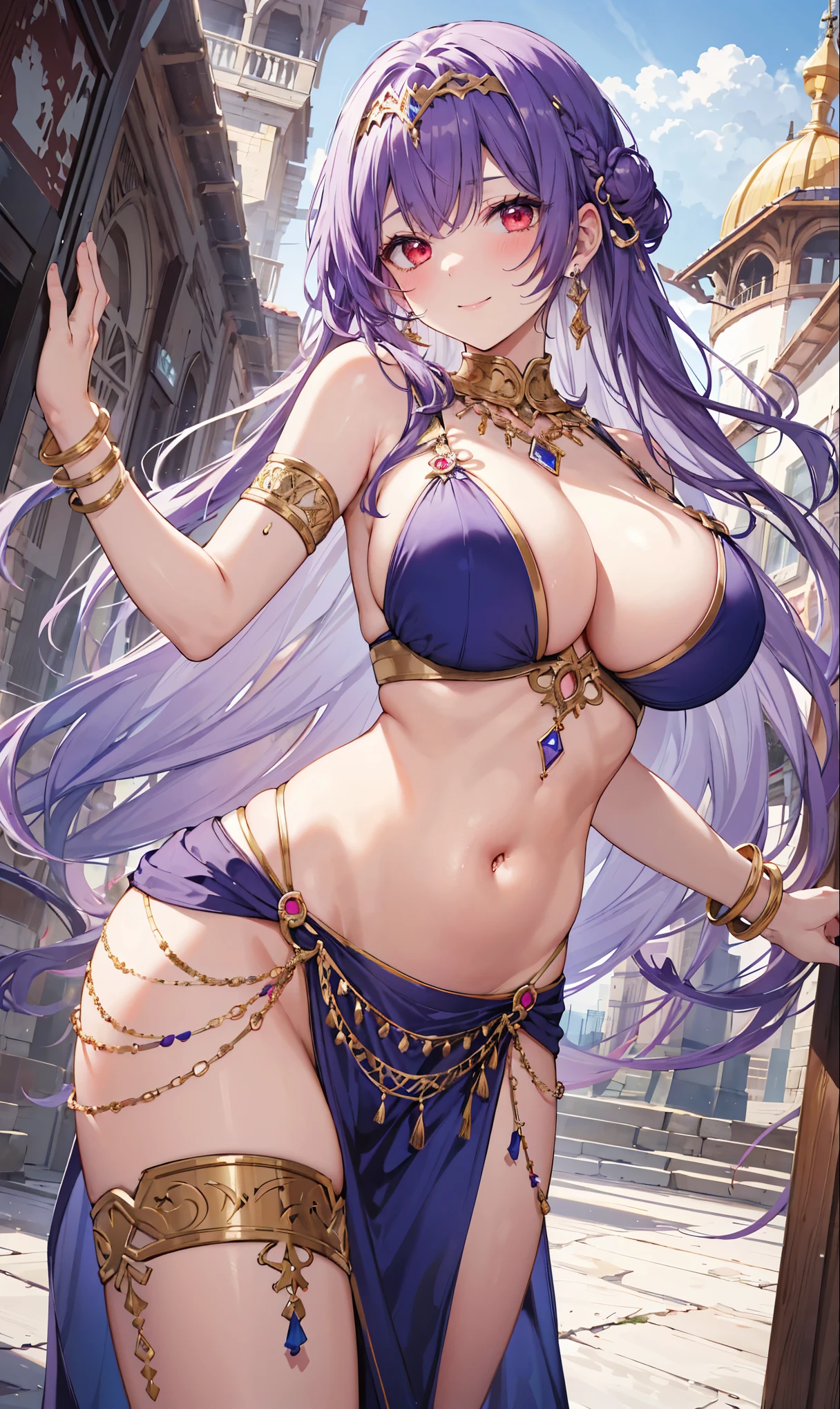 high quality, ultra detailed, best quality, insanely detailed, beautiful, masterpiece, 1girl, medieval plaza, cowboy shot, red eyes, long hair, purple hair, belly dancer, circlet, earrings, armlets, bracelets, bashful smile, large breasts, cleavage, soft stomach