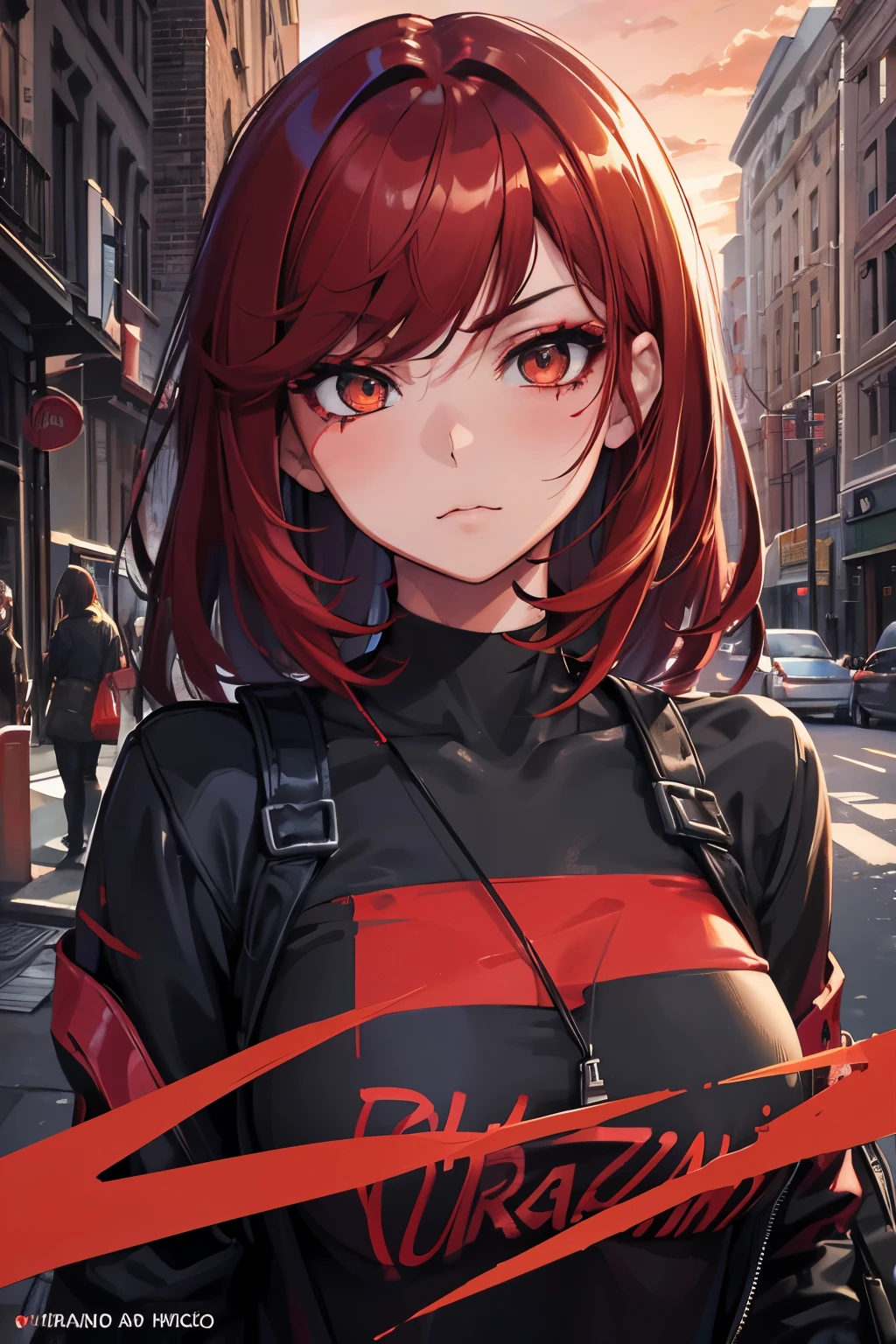 beautiful girl, Half Body Portrait, Short, bright red, messy hair, Black eyeshadow, (Street Style Wear:1.2), (Urban Background:1.2), Heavy makeup, Digital Art, Trending on Art Station, highly detailed, The finer details, Complex, beautiful detailed glow, detailed, Cinematic Light, High resolution, detailed facial features,Sharp focus, Smooth, beautiful,
