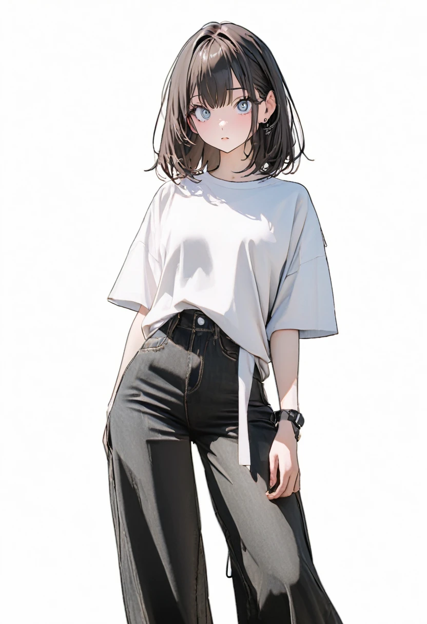 (Best, Highest quality: 1.2, 8K), Centre, Full Length, 1 Woman, Street Style Shirt, Black Wide Pants, Simple Sneakers, Simple Background, White Background, Large Eyes, Delicate Eyes, Beautiful Eyes
