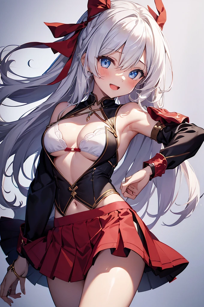 1girl, solo, long hair, breasts, looking at viewer, blush, smile, open mouth, blue eyes, skirt, simple background, white background, ribbon, navel, cleavage, bare shoulders, jewelry, medium breasts, hair ribbon, ahoge, white hair, :d, thighs, midriff, armpits, necklace, stomach, arm up, bracelet, red ribbon, revealing clothes, pelvic curtain, armlet, dancer