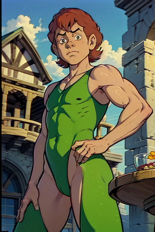 a redhead cartoon character dressed in a green leotard, very muscular, a young male wizard, 1980s cartoon, animated episode still, Presto (((mad)))