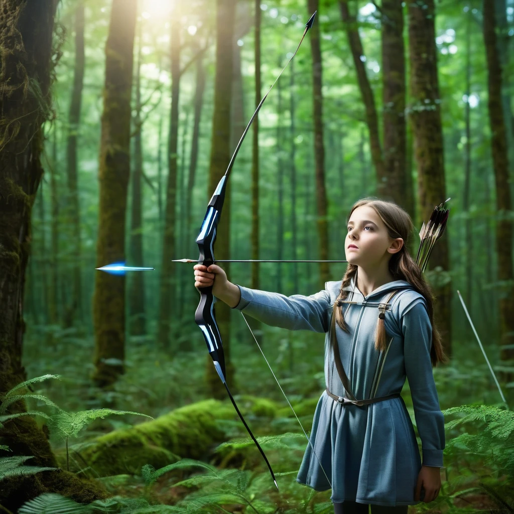 A beautiful 12 year old girl using telekinesis floats an arrow in the air a few centimeters from hitting her eye in a realistic science fiction forest