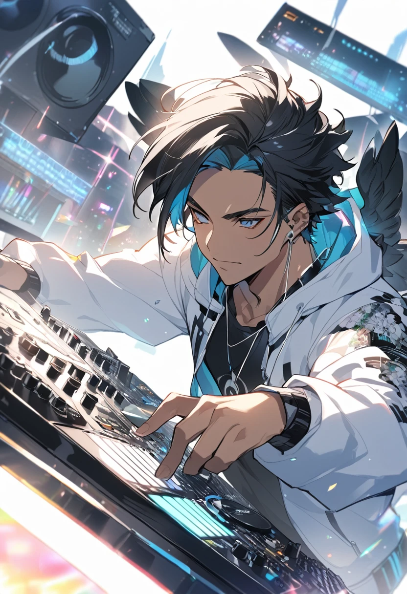 A male buff angel that IS a dj of Electronic music and has Black anime hair. He is mixing music on his DJ keyboard. He looks like an angel.