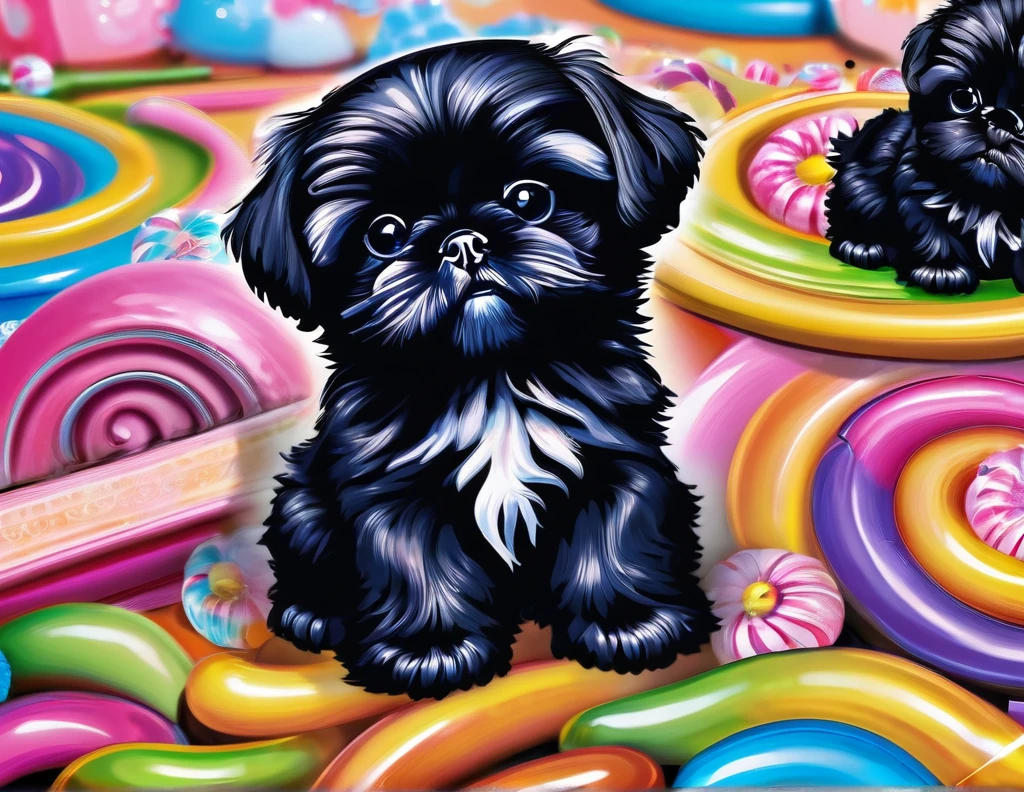 candyland,House made of candy,black shih tzu puppies, 8k,high quality,masterpiece,Super fine