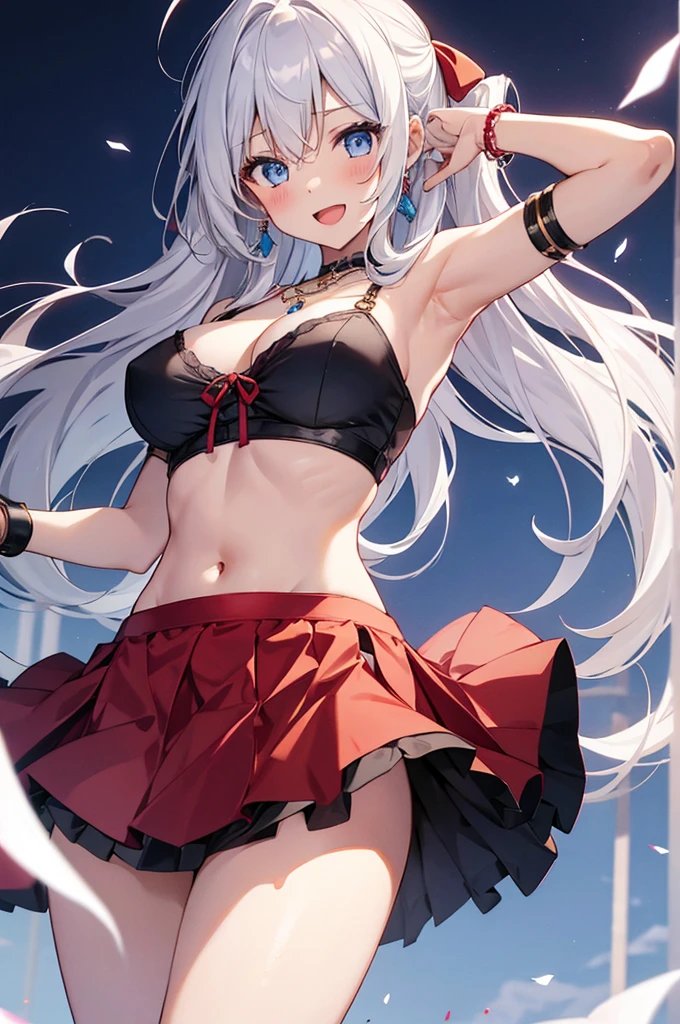 1girl, solo, long hair, breasts, looking at viewer, blush, smile, open mouth, blue eyes, skirt, simple background, white background, ribbon, navel, cleavage, bare shoulders, jewelry, medium breasts, hair ribbon, ahoge, white hair, :d, thighs, midriff, armpits, necklace, stomach, arm up, bracelet, red ribbon, revealing clothes, pelvic curtain, armlet, dancer