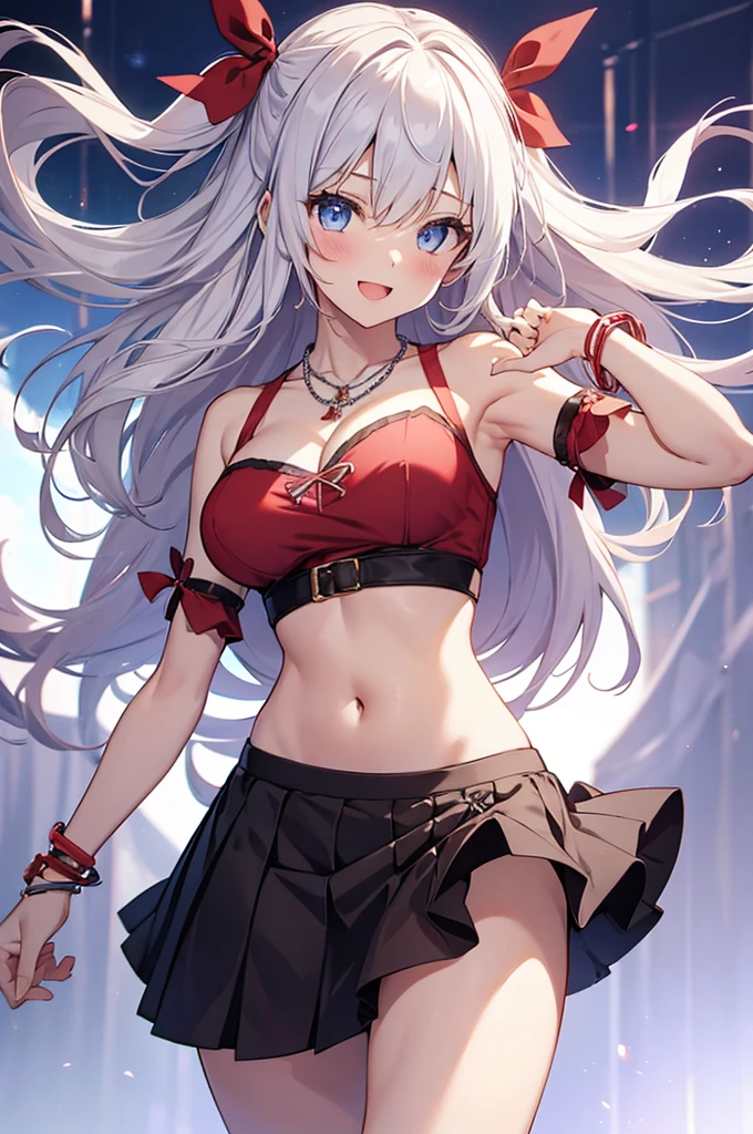 1girl, solo, long hair, breasts, looking at viewer, blush, smile, open mouth, blue eyes, skirt, simple background, white background, ribbon, navel, cleavage, bare shoulders, jewelry, medium breasts, hair ribbon, ahoge, white hair, :d, thighs, midriff, armpits, necklace, stomach, arm up, bracelet, red ribbon, revealing clothes, pelvic curtain, armlet, dancer