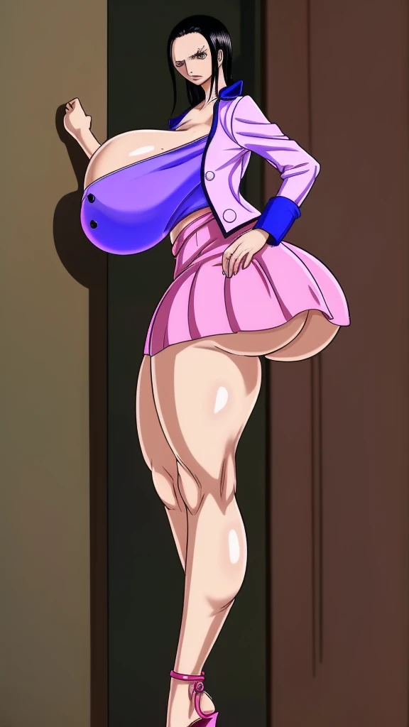 A mature woman of 35 years of age, she is tall, She has a curvy and elongated body., she has long legs, she has wide hips, she has a narrow waist, she is standing posing provocatively, Whole body, she has huge breasts, she has a huge ass, Nico Robin, she is thin, she is slender, at all times_when, us robin, open toe and heel high heels with a single hook or toe fit, side view, short top-style jacket with closure closed in the middle creating a provocatively revealing neckline, long, loose pink skirt that reaches to the feet and is very translucent, his butt is too thick and heavy, milf, HdR, 8k