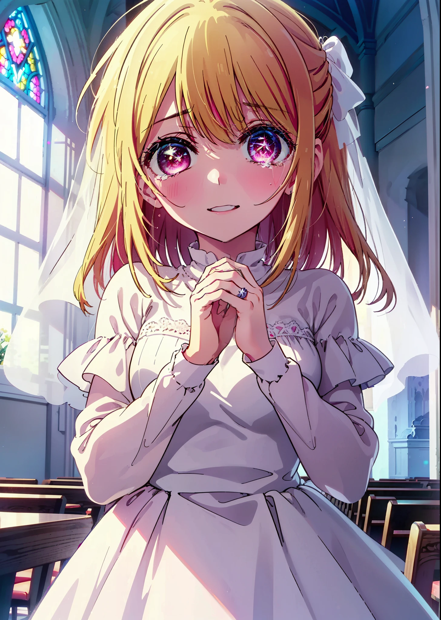 rubyhoshino, Ruby Hoshino, Long Hair, bangs, Blonde, (Pink Eyes:1.3), (Symbol-shaped pupil:1.5), Multicolored Hair, Two-tone hair, smile,Open your mouth,Close both eyes,Tears stream down her face,Tears of joy,I cry a lot,Wedding dress,Veil,Holding a bouquet in both hands,wedding,Flower storm,
break indoors, church,Chapel,
break looking at viewer,Upper Body, (Cowboy Shot:1.5),
break (masterpiece:1.2), Highest quality, High resolution, unity 8k wallpaper, (figure:0.8), (Beautiful attention to detail:1.6), Highly detailed face, Perfect lighting, Highly detailed CG, (Perfect hands, Perfect Anatomy),