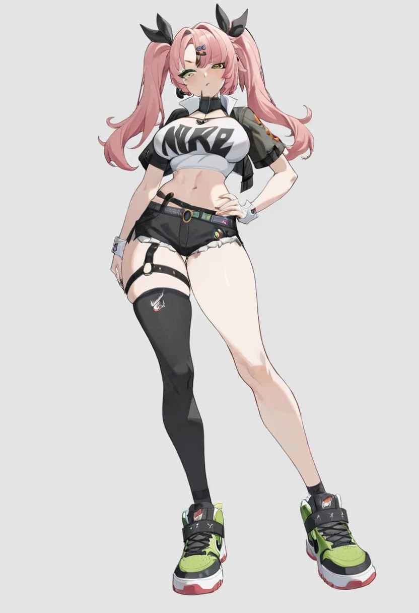 8k, best quality, masterpiece, (ultra-detailed:1.1), (one green eye:1.3), (high detailed skin), (full body:1.2), white background, standing, looking at viewer, (solo:1.4), hand on hip, nike, 1girl, large breasts, hair ribbon, twintails, pink hair, tube top, midriff, black shorts, (single thighhigh:1.2), (white background, simple background:1.4), ( good hands, nice hands:0.5), (beautiful_face), ((intricate_detail)), clear face, ((finely_detailed)), fine_fabric_emphasis, ((glossy)), full_shot