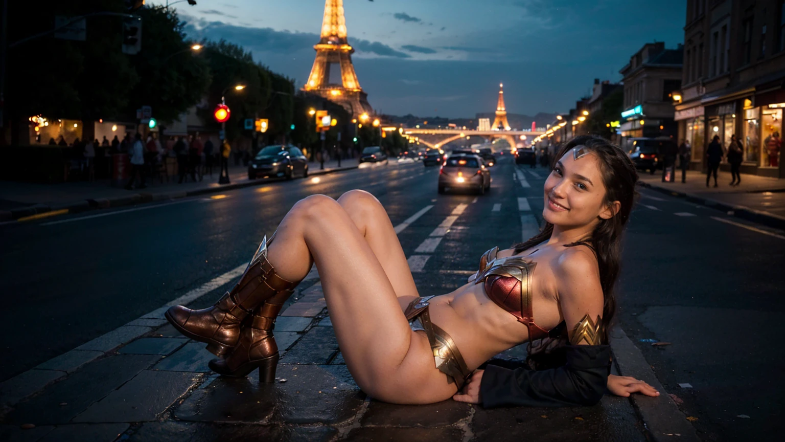 ((masterpiece), (solo character), (photorealistic:1.4), ),(best quality), (epiCRealLife), (g4lg), (wonder woman bra top), (g4lg show abs), (g4lg show cleavages), (Gal Godot in wonder woman costume), (lora:epiCFlashPhoto),(flashphoto), (flash photography) (look at viewers), (outdoor), (Eifel Tower), (night time), (city night lights), (street café), (sitting on at coffee shop), (landscape photos), (looking at viewers), (at night), (night time), (smile a little)