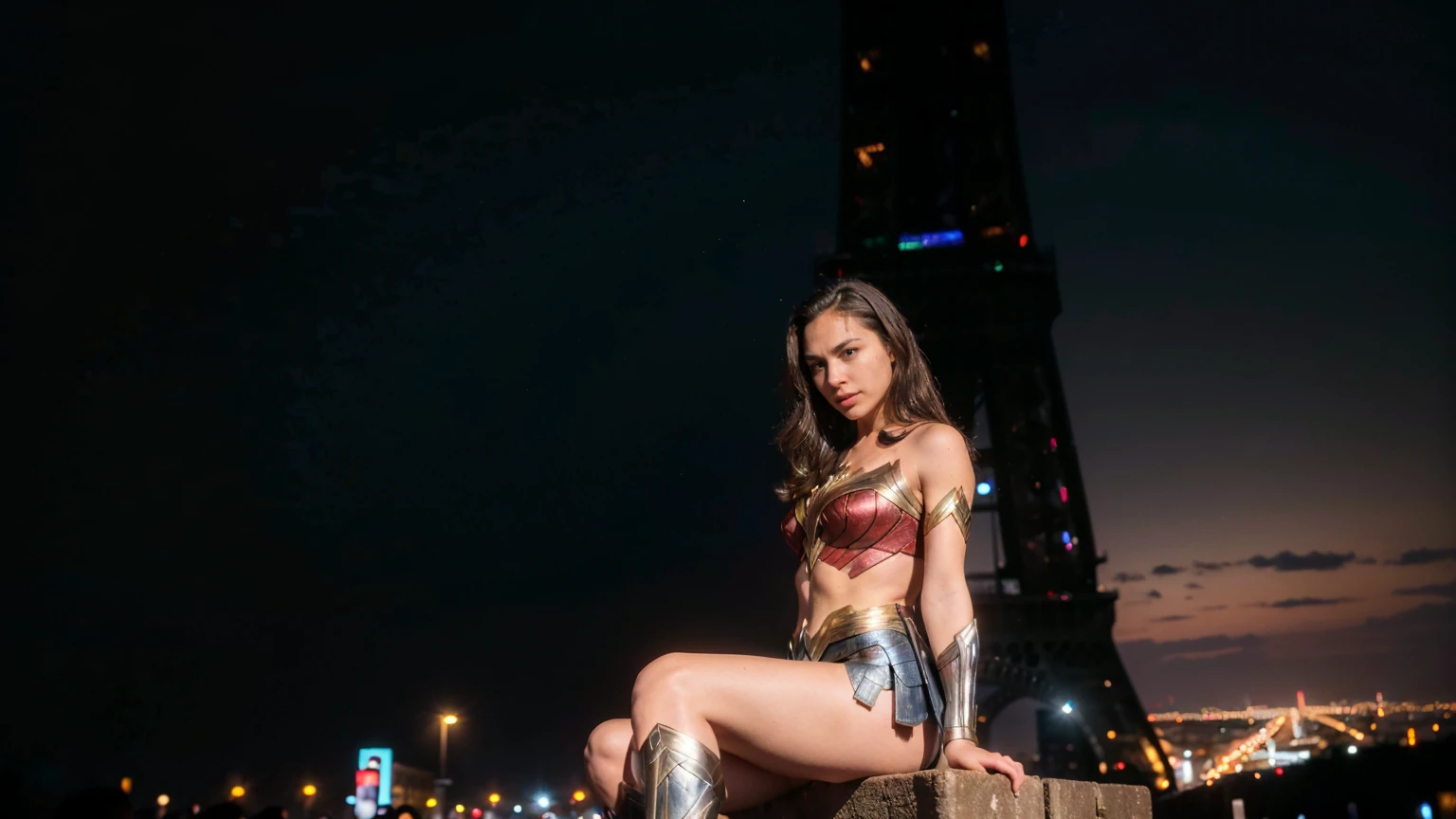 ((masterpiece), (solo character), (photorealistic:1.4), ),(best quality), (epiCRealLife), (g4lg), (wonder woman bra top), (g4lg show abs), (g4lg show cleavages), (Gal Godot in wonder woman costume), (lora:epiCFlashPhoto),(flashphoto), (flash photography) (look at viewers), (outdoor), (Eifel Tower), (night time), (city night lights), (street café), (sitting on at coffee shop), (landscape photos), (looking at viewers), (at night), (night time), (smile a little)