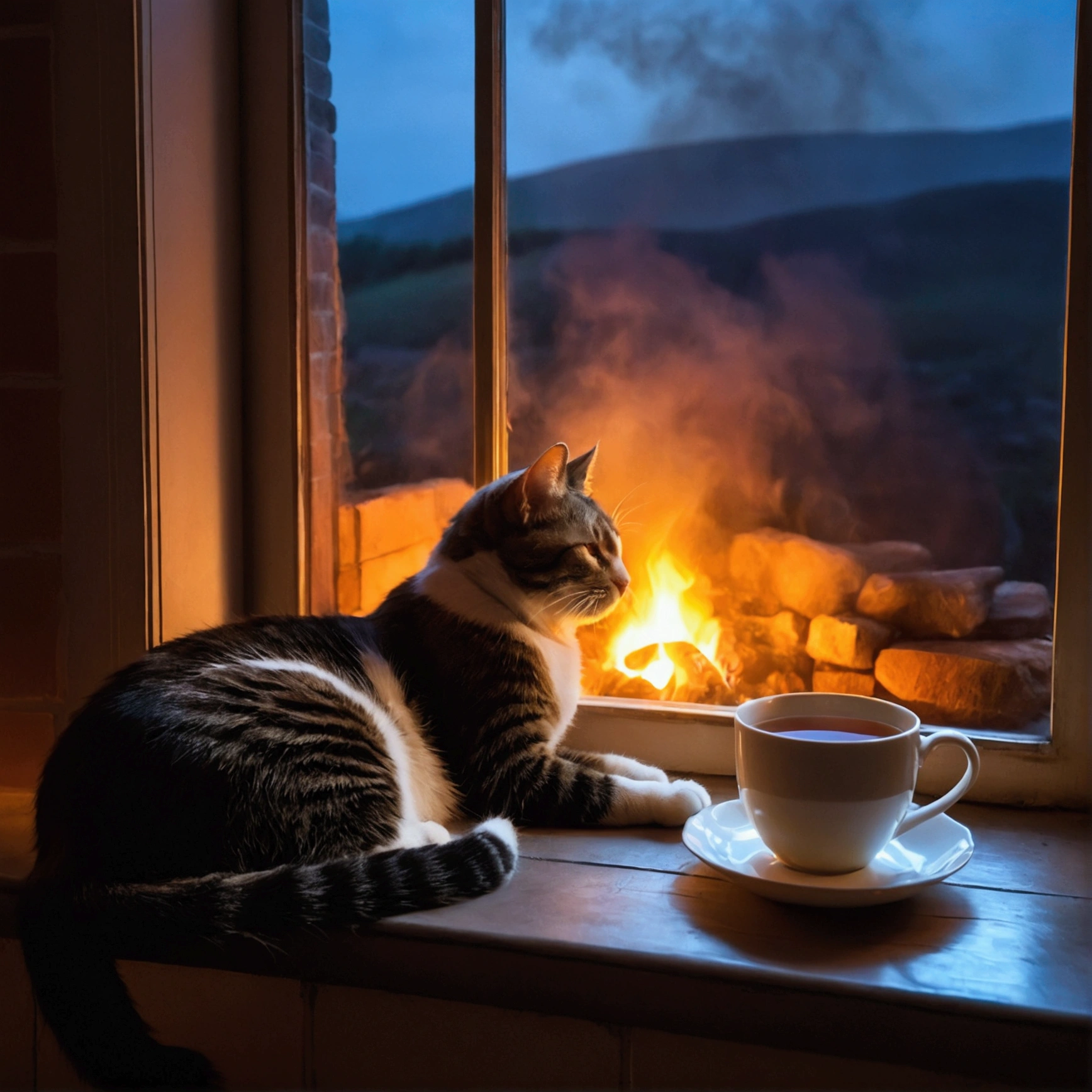 Fireplace at the end of the night, cat sleeping, Cup of tea with steam, Beautiful landscape window