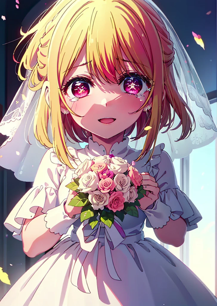 rubyhoshino, Ruby Hoshino, Long Hair, bangs, Blonde, (Pink Eyes:1.3), (Symbol-shaped pupil:1.5), Multicolored Hair, Two-tone hair, smile,Open your mouth,Close both eyes,Tears stream down her face,Tears of joy,I cry a lot,Wedding dress,Veil,Holding a bouquet in both hands,wedding,Flower storm,
break indoors, church,Chapel,
break looking at viewer,Upper Body, (Cowboy Shot:1.5),
break (masterpiece:1.2), Highest quality, High resolution, unity 8k wallpaper, (figure:0.8), (Beautiful attention to detail:1.6), Highly detailed face, Perfect lighting, Highly detailed CG, (Perfect hands, Perfect ???????),
