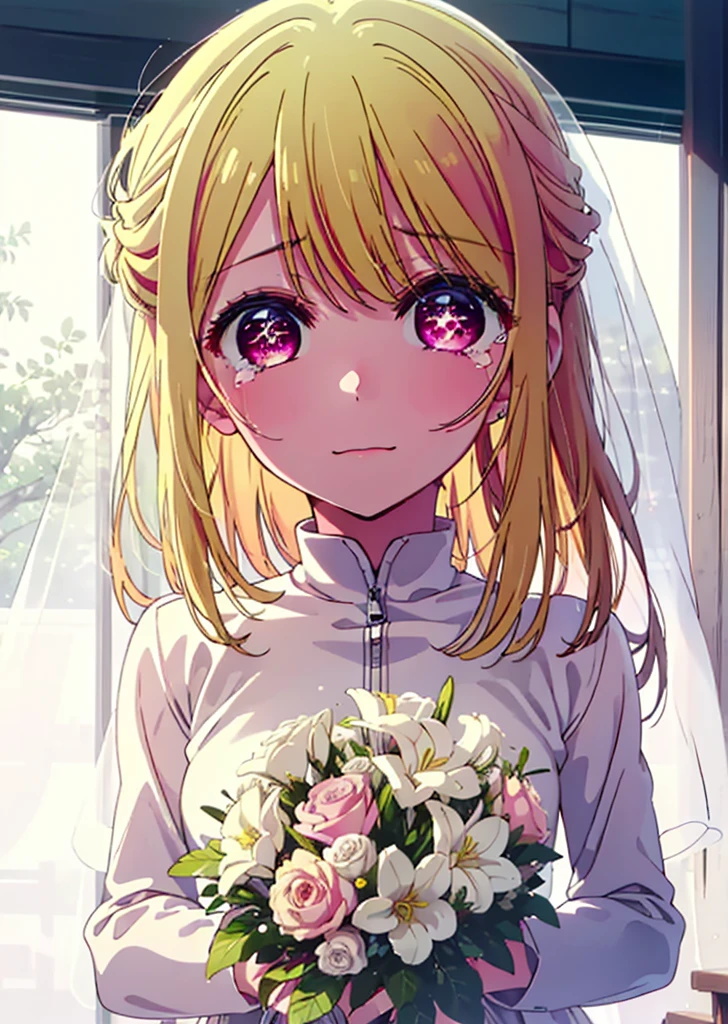 rubyhoshino, Ruby Hoshino, Long Hair, bangs, Blonde, (Pink Eyes:1.3), (Symbol-shaped pupil:1.5), Multicolored Hair, Two-tone hair, smile,Open your mouth,Close both eyes,Tears stream down her face,Tears of joy,I cry a lot,Wedding dress,Veil,Holding a bouquet in both hands,wedding,Flower storm,
break indoors, church,Chapel,
break looking at viewer,Upper Body, (Cowboy Shot:1.5),
break (masterpiece:1.2), Highest quality, High resolution, unity 8k wallpaper, (figure:0.8), (Beautiful attention to detail:1.6), Highly detailed face, Perfect lighting, Highly detailed CG, (Perfect hands, Perfect Anatomy),