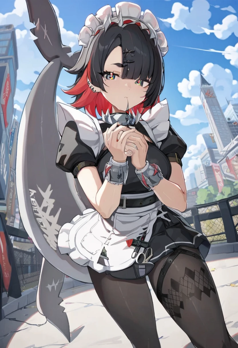 ellenjoe, ellen joe, black hair, colored inner hair, multicolored hair, (one red eye:1.3), red hair, short hair, two-tone hair, BREAK bapron, black pantyhose, black shirt, black skirt, ear piercing, fins, fish tail, maid, maid apron, maid headdress, pantyhose, piercing, puffy short sleeves, puffy sleeves, shark girl, shark tail, shirt, short sleeves, skirt, tail, two-tone hair, wrist cuffs, BREAK outdoors, city, sky, clouds, sun, park BREAK looking at viewer, (cowboy shot:1.5), BREAK (masterpiece:1.2), best quality, high resolution, unity 8k wallpaper, (illustration:0.8), (beautiful detailed eyes:1.6), extremely detailed face, perfect lighting, extremely detailed CG, (perfect hands, perfect anatomy)