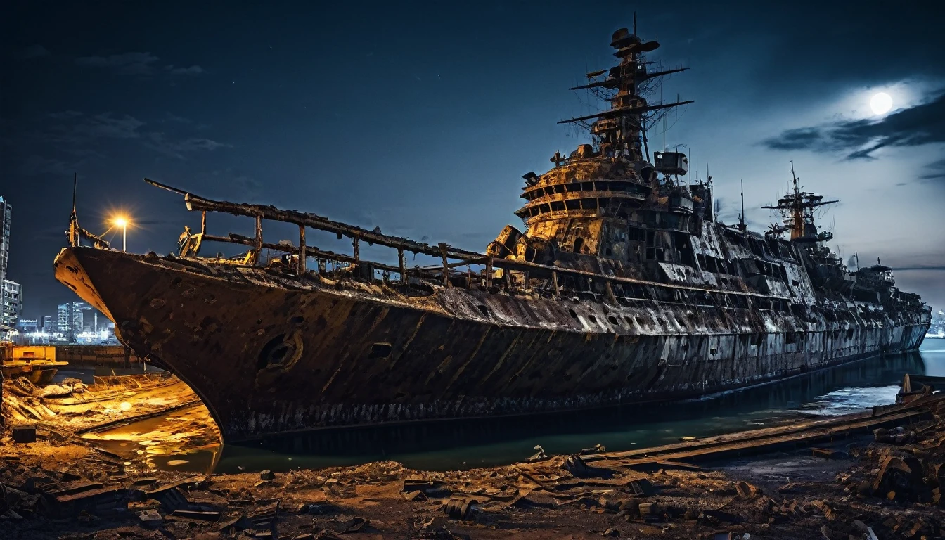 rusty big warship abandoned post apocalyptic night city