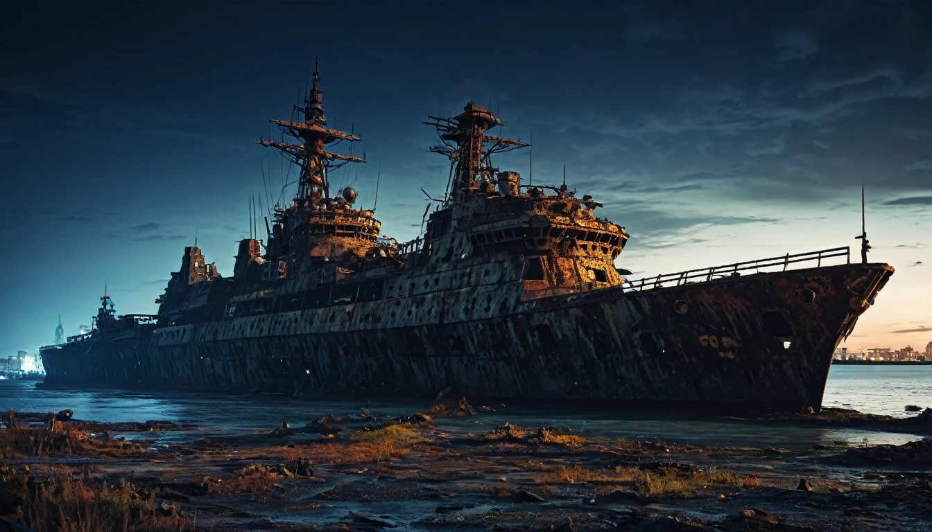 rusty big warship abandoned post apocalyptic night city