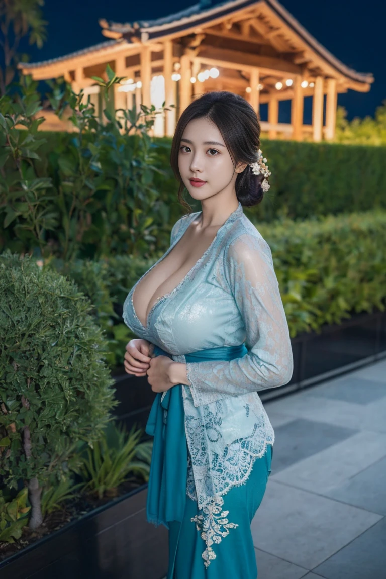 8k, best quality, Medium close-up, (blue kebaya )、(luxury kebaya ),(top-quality,​masterpiece:1.3,超A high resolution,),(ultra-detailliert,Caustics),(Photorealsitic:1.4,RAW shooting,)Ultra-realistic capture,A highly detailed,high-definition16Kfor human skin, Cute and lovely Korean girl, realistic, ultra detail, photo realistic, Increase quality, 
 standing in a garden with a scarf, garden, (large breast), (cleavage ), close-up shot,  mouth,dark-haired, Messy Updo hair, (depth of fields、chromatic abberation、Wide range of lighting、Natural Shading、)、(Exterior light at night:1.4)、(Hair swaying in the wind:1.2).