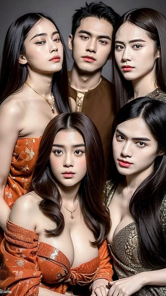 1 Family, Potrait of 3 wife Indonesian-chinese girl,1 Indonesian boy (24 years old(husband)), Harem (Polygamy), long fashion hair, fit body, small cleavage, black,red,orange ,kuning,kain sarong, highly detailed, ultra hd, 8k, detailed face, detailed eyes, perfect eyes, detailed skin texture, detailed lips, sexy lips, perfect hands, dynamic angle, cowboy shot, rich family