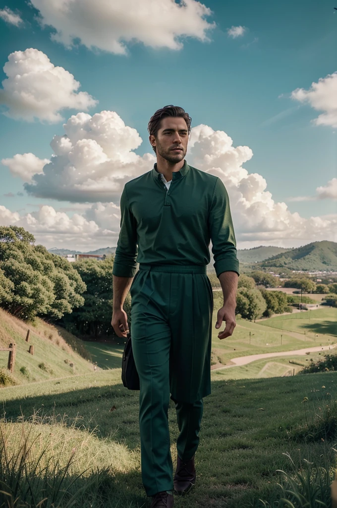 A handsome men walk at the hill filled with beautiful grass while watching the sky, beautiful cloud, (very detailed), (masterpiece), (beautiful art), (amazing illustrations), dark green eyes