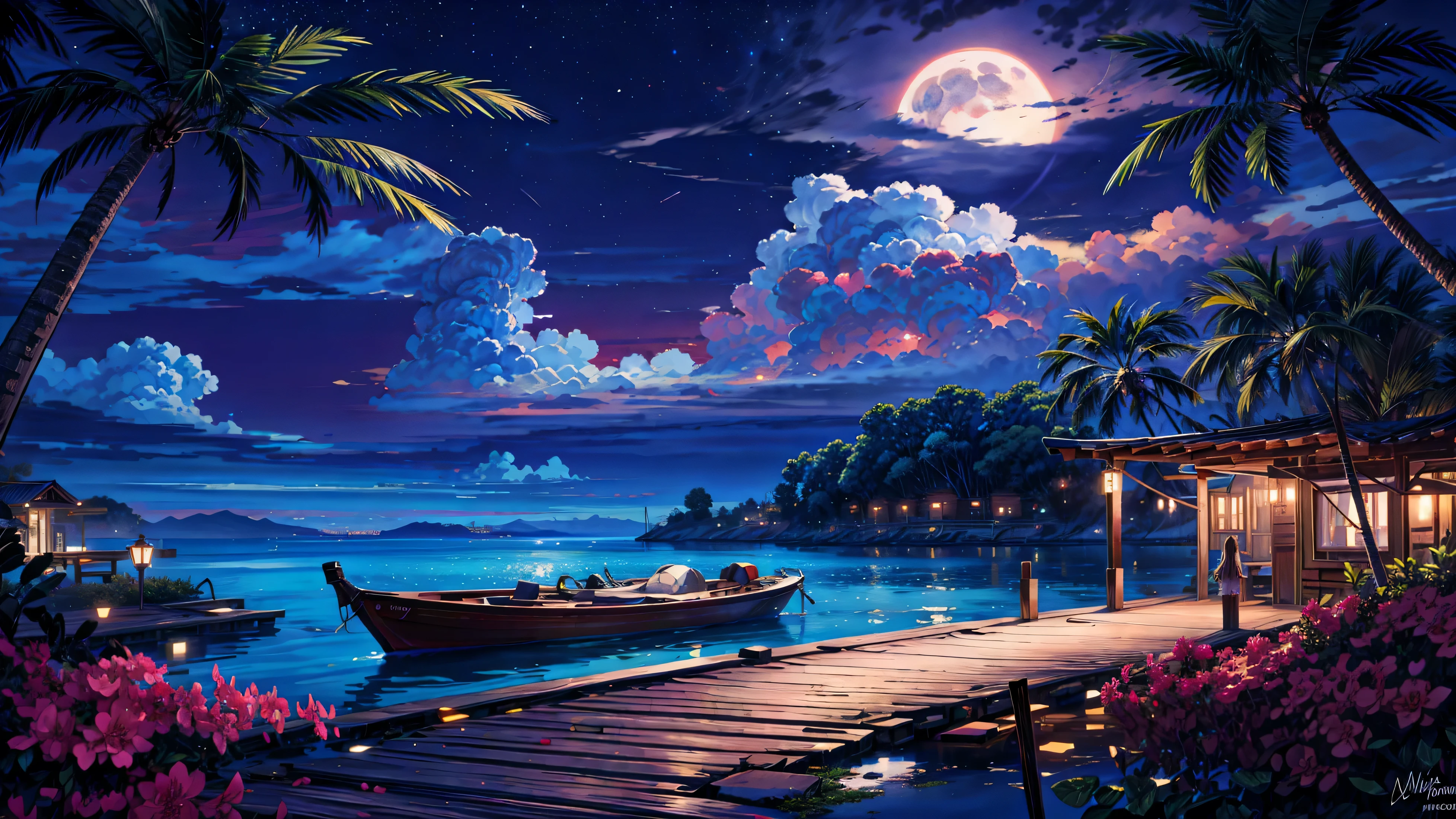 painting of a neon moonlight,dock areas, Bougainville decoration , 4k hd, moonlight, cloud,ocean, moonlight reflection,beautiful art uhd 4 k, a beautiful artwork illustration, beautiful digital painting, highly detailed digital painting, beautiful digital artwork, detailed painting 4 k, very detailed digital painting, rich picturesque colors, gorgeous digital painting