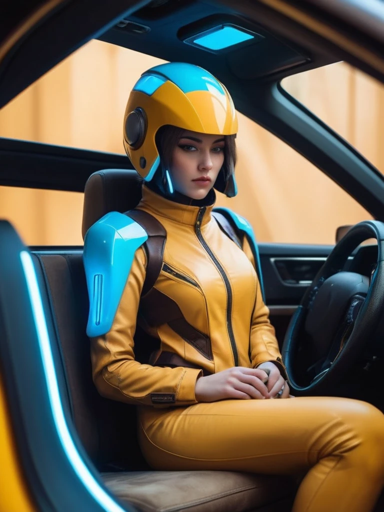 symmetry, abstract, ral-opal, meahophontron, cyberpunk, (yellow suit, blue, Brown, gray, soft tones) With futuristic armor, (desert cyberpunk city) colores bluees, black, grayes con tonanalidades suaves, background image: (walls with yellow and brown interior) (photo where she is seen sitting in the car with the door open) light tones (cyberpunk woman helmet) symmetry
