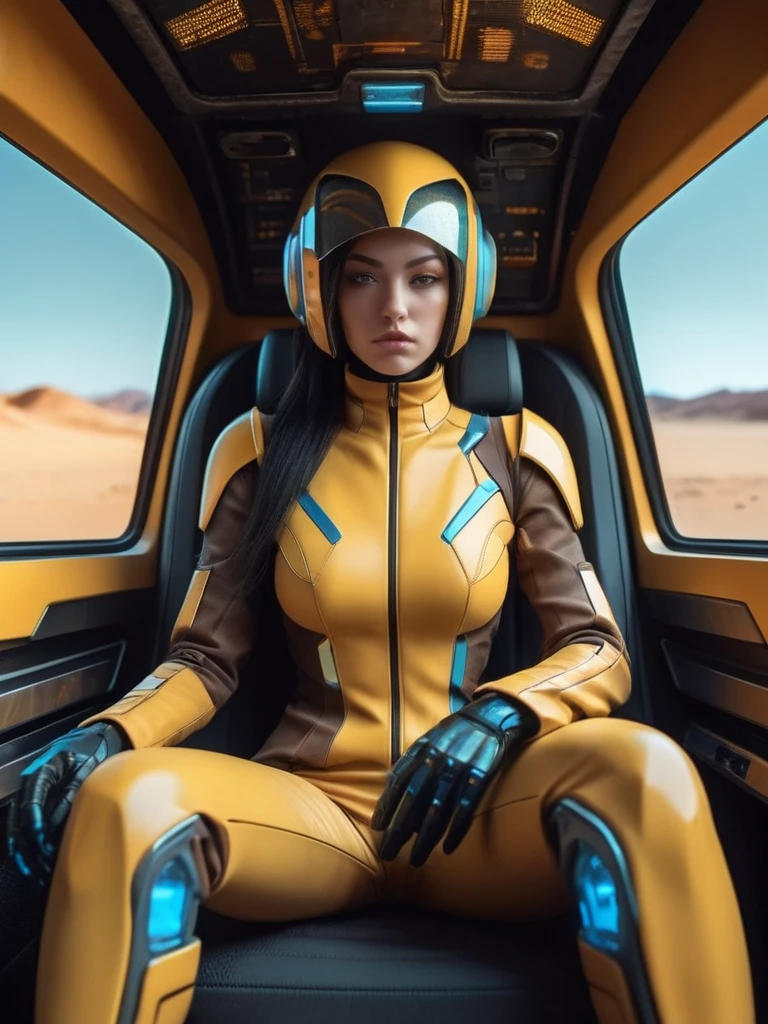 symmetry, abstract, ral-opal, meahophontron, cyberpunk, (yellow suit, blue, Brown, gray, soft tones) With futuristic armor, (desert cyberpunk city) colores bluees, black, grayes con tonanalidades suaves, background image: (walls with yellow and brown interior) (photo where she is seen sitting in the car with the door open) light tones (cyberpunk woman helmet) symmetry