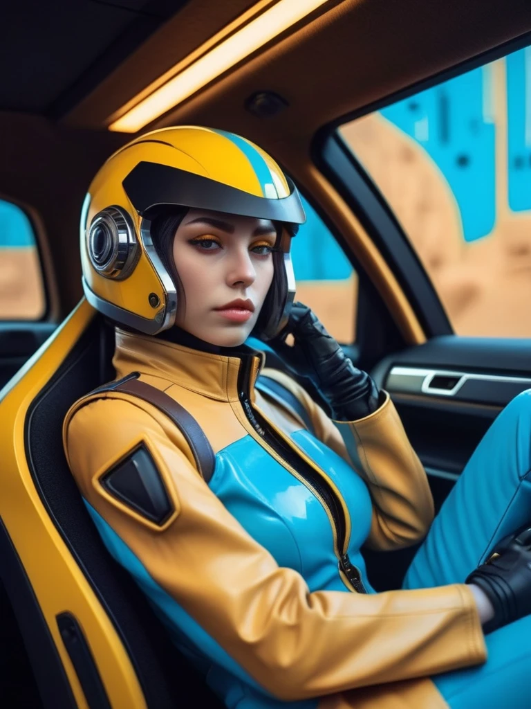 symmetry, abstract, ral-opal, meahophontron, cyberpunk, (yellow suit, blue, Brown, gray, soft tones) With futuristic armor, (desert cyberpunk city) colores bluees, black, grayes con tonanalidades suaves, background image: (walls with yellow and brown interior) (photo where she is seen sitting in the car with the door open) light tones (cyberpunk woman helmet) symmetry