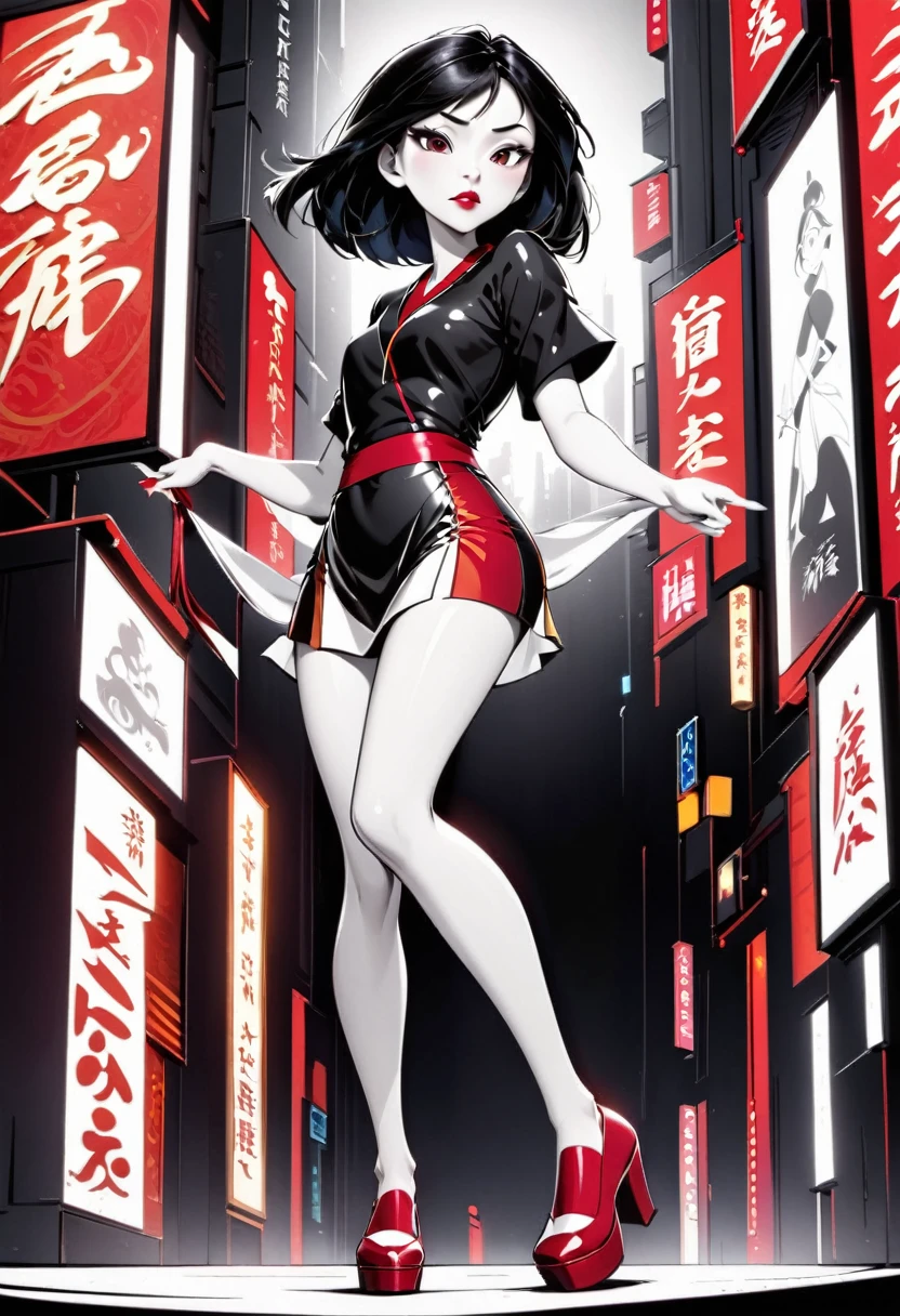 Fa Mulan ((Disney Princess,Mulan)), with short dress, vibrant red lips, black and white illustration in Sin City style, full body shot, red color stands out, HD image, perfect facial features, black and white art
