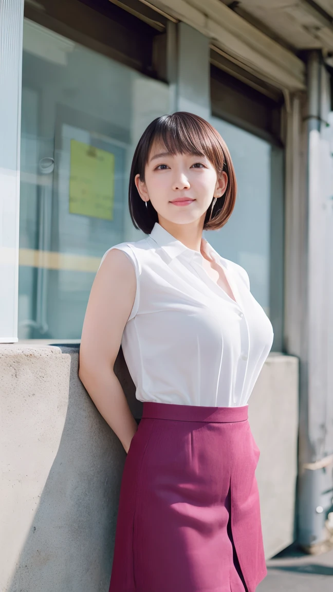 nsfw,(1 woman),beauty,Beautiful Face,smile,(office lady suit:1.2),(open clothes:1.2,front open shirt:1.2,mini skirt)A dignified appearance,Plump Style,(big breasts:1.3)、(Peeking into this、Front view),Focus on the chest,Ultra-realistic,Ultra-high resolution,highest quality,8k,masterpiece,(random time,office)、The cutest Yoshioka Riho,(short bob hair:1.3),(portrait:1.2),(nipple stand:1.2),(arms behind back posing:1.4),standing,