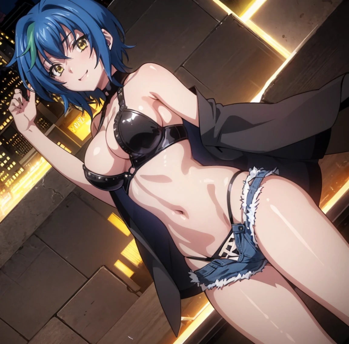 ((1girl)),((alone)),xenovia quarta,(masterpiece), (best quality), (ultra detailed), (best illustration), (best shadow), (absurdities), sharp focus, cowboy photo , looking at viewer, big breasts, narrow waist, wide hips, medium thighs, round butt, dynamic posture, short hair, blue hair, yellow eyes, multicolored hair, green locks, two-tone hair, striped hair, underwear, shorts , panties, breasts, open fly, ribbon, navel, large breasts, black camisole, cleavage, smile, panties with bow, two sides up, abdomen, navel, unbuttoned, jean shorts, open shorts, denim, unbuttoned, smiling, playful look, seductive smile, closed mouth, seductive expression, (sexy pose: 1.2), ((solo)), standing: 1.3, outdoor, night, cityscape, streets, city, city lights, looking forward, ((focus on thighs)), point of view (from below), red blush, perfect anatomy, perfect hands.