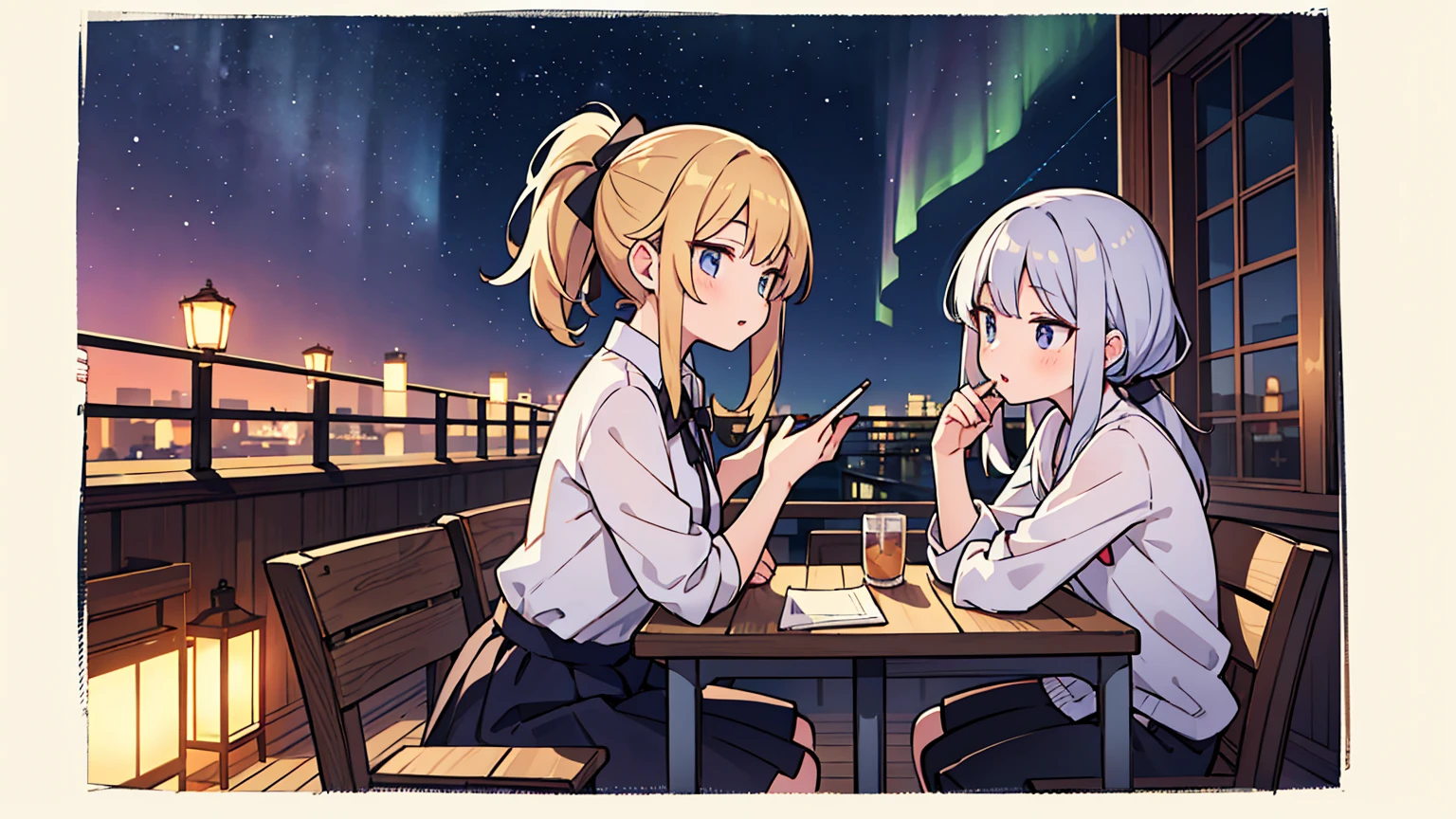 (masterpiece, best quality),Two women with different faces and hairstyles, different hair colors, different faces, ponytail, shot,letterboxed, perfection of fashion,chapped lips, casual attire, upper body, from the side,A cafe with a terrace overlooking the night sky with the Aurora,Teaching students to study at the table, eyes look at the note, together, stylish outfit,
