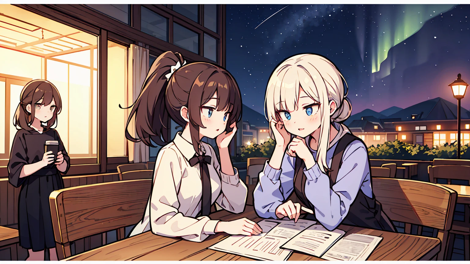 (masterpiece, best quality),Two women with different faces and hairstyles, different hair colors, different faces, ponytail, shot,letterboxed, perfection of fashion,chapped lips, casual attire, upper body, from the side,A cafe with a terrace overlooking the night sky with the Aurora,Teaching students to study at the table, eyes look at the note, together, stylish outfit,
