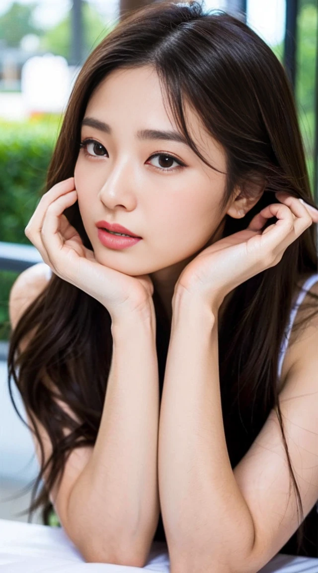 Dark brown hair、Light brown eyes、Japanese actress、 Lady、I40歳くらいです..、(Intricate details:1.2)、(Which is higher???:1.4)、 (Ultra-high resolution:1.2)、Ultra-high resolution、(Fine-tune)、(Detailed facial features)、Hmph、8k resolution、D cup size breasts、Long Hair、Blocks out sunlight and shade、A balcony with a resort feel、Pink flowers are decorated in the background、Pink flowers blooming in a resort area、Decorate your ears with deep pink flowers、white wall、white floor、Full body photo、Head to toe shot、Beautiful feet、white One piece with wide open backs、Blackpink Jenny I、Take this photo、Beautiful feet、she, Fashion Hub, Extremely detailed, Very detailed, Realistic, Hourglass Shaped Body, Obscene pose、Please lift your chin a little、Open your mouth a little、Poses that make you feel weak、Are crying、Deep sorrow、Reach out、