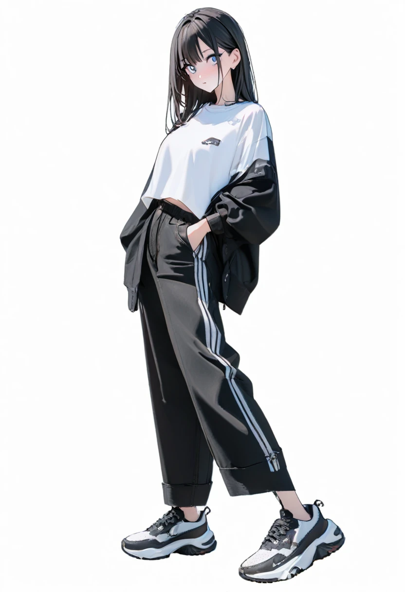 (Best, Highest quality: 1.2, 8K), Centre, Full Length, 1 Woman, Street Style Shirt, Black Wide Pants, Simple Sneakers, Simple Background, White Background, Large Eyes, Delicate Eyes, Beautiful Eyes