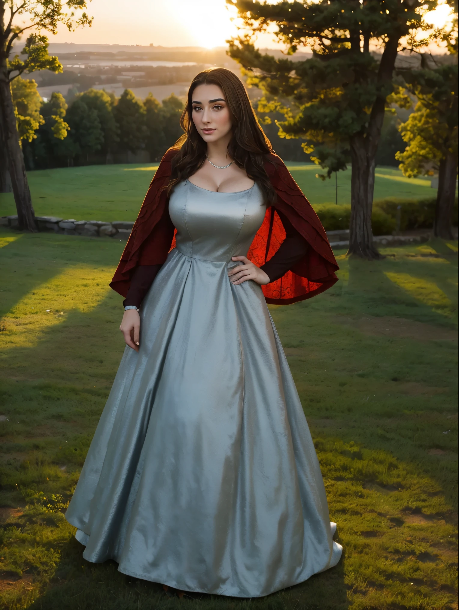Gorgeous and sultry busty athletic (thin) brunette queen with sharp facial features wearing a modest updo, dark red medieval dress, long sleeves, intricate patterns, embroidery, wide neck, crown, veil, long dress, modest dress, tight bodice, (silver waist chain), medieval jewelry, Middle Ages, castle, rampart, wall, exterior, on top of a castle wall, trees, countryside, evening, sunset.