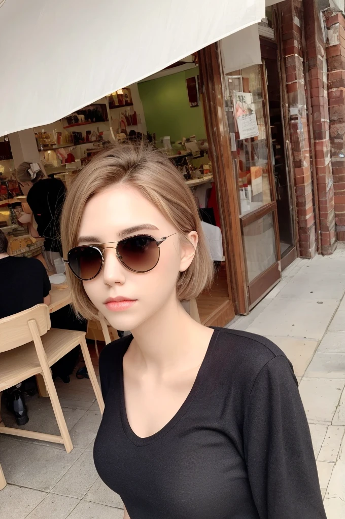 short straight hair, light brown eyes, white skin, black sunglasses