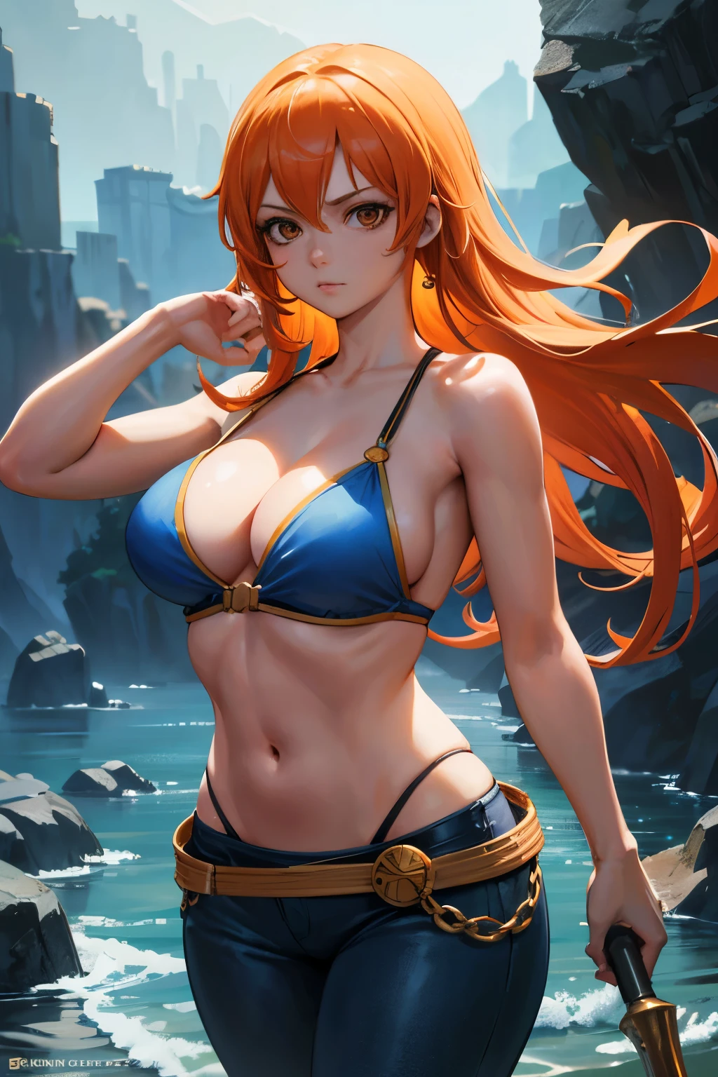Very beautiful Nami (one piece), Subtle makeup, Moneyen hour, Realistic, High Contrast, 8k hd, detailed, hyper-detailed, Realistic skin texture, orange long hair, Bikini top only, Blue pants, Large Breasts, Highest quality, Ultra-high resolution, RAW Photos, Dramatic lighting, Unreal Engine, Diffuse Light, Outdoor, realistic detailed onep piece pirate ship, Treasure Chest, Money, Money coins, Money bars.